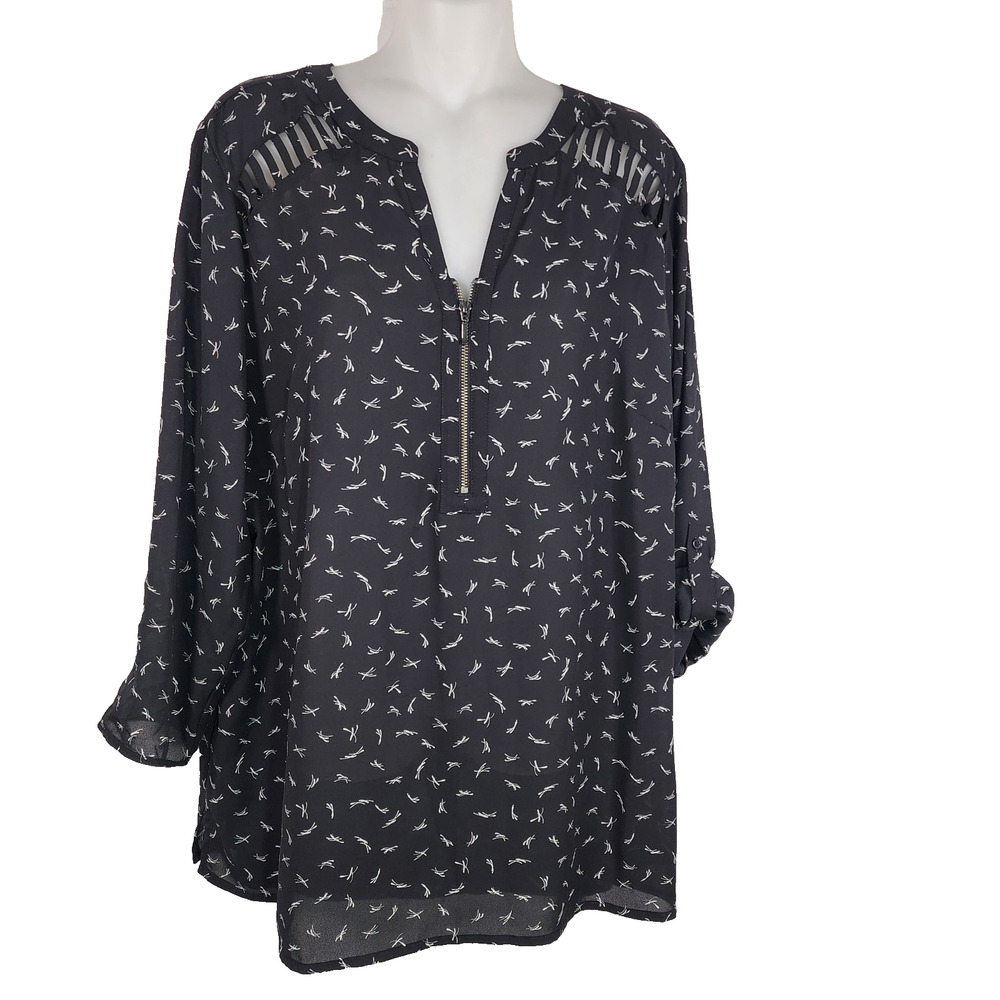 Maurices Women Perfect Blouse Zipper Front Lattice Shoulder Size 1X Black Hi Low